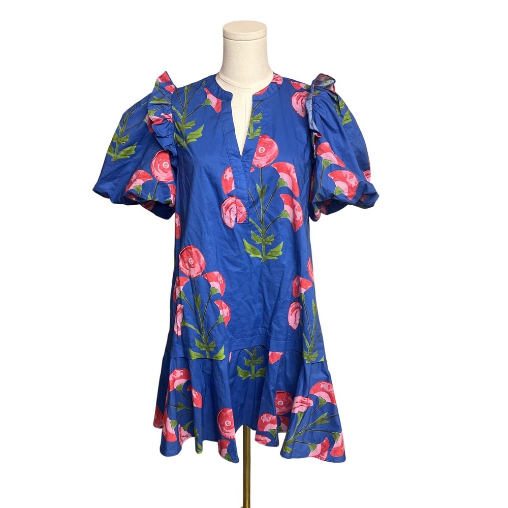 Entro Blue Pink Floral Puff Sleeve Ruffle Drop Waist Mini Dress S Cottagecore